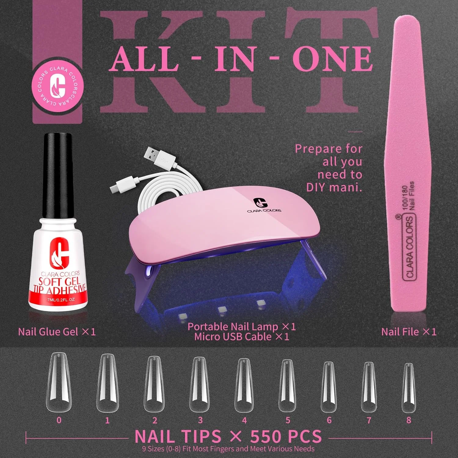 کیت نوک ناخن و چسب ژل کلارا کالرز، 550 عدد ناخن مصنوعی پوشش کامل و کیت چسب ناخن با لامپ LED ناخن، ناخن های مصنوعی بلند تابوتی ژل نرم برای ناخن اکریلیک - 9 سایز کیت نوک ناخن و چسب ژل کلارا کالرز، 550 عدد ناخن مصنوعی پوشش کامل و کیت چسب ناخن با لامپ LED ناخن، ناخن های مصنوعی بلند تابوتی ژل نرم برای ناخن اکریلیک - 9 سایز