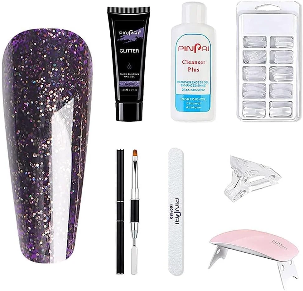 ست لاک ژل با دستگاه یو وی، ست اکستنشن ناخن ژلی براق برای شروع مانیکور، چسب ناخن، برس ناخن، سوهان ناخن، گیره ناخن، پوشش ناخن، دستگاه یو وی ناخن، مایع صاف کننده ناخن