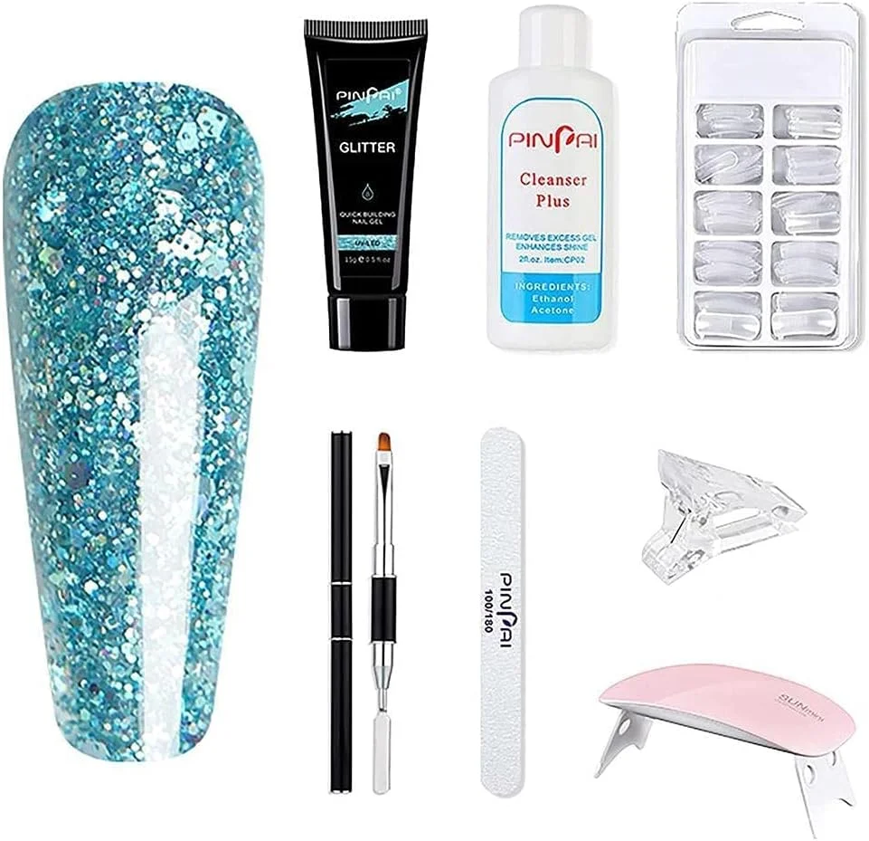 ست لاک ژل با دستگاه یو وی، ست اکستنشن ناخن ژلی براق برای شروع مانیکور، چسب ناخن، برس ناخن، سوهان ناخن، گیره ناخن، پوشش ناخن، دستگاه یو وی ناخن، مایع صاف کننده ناخن