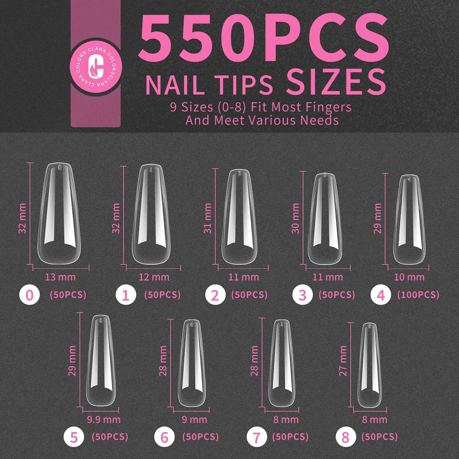 کیت نوک ناخن و چسب ژل کلارا کالرز، 550 عدد ناخن مصنوعی پوشش کامل و کیت چسب ناخن با لامپ LED ناخن، ناخن های مصنوعی بلند تابوتی ژل نرم برای ناخن اکریلیک - 9 سایز کیت نوک ناخن و چسب ژل کلارا کالرز، 550 عدد ناخن مصنوعی پوشش کامل و کیت چسب ناخن با لامپ LED ناخن، ناخن های مصنوعی بلند تابوتی ژل نرم برای ناخن اکریلیک - 9 سایز