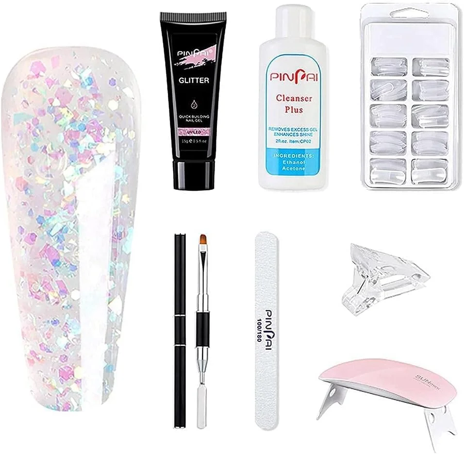 ست لاک ژل با دستگاه یو وی، ست اکستنشن ناخن ژلی براق برای شروع مانیکور، چسب ناخن، برس ناخن، سوهان ناخن، گیره ناخن، پوشش ناخن، دستگاه یو وی ناخن، مایع صاف کننده ناخن