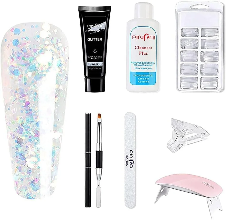 ست لاک ژل با دستگاه یو وی، ست اکستنشن ناخن ژلی براق برای شروع مانیکور، چسب ناخن، برس ناخن، سوهان ناخن، گیره ناخن، پوشش ناخن، دستگاه یو وی ناخن، مایع صاف کننده ناخن