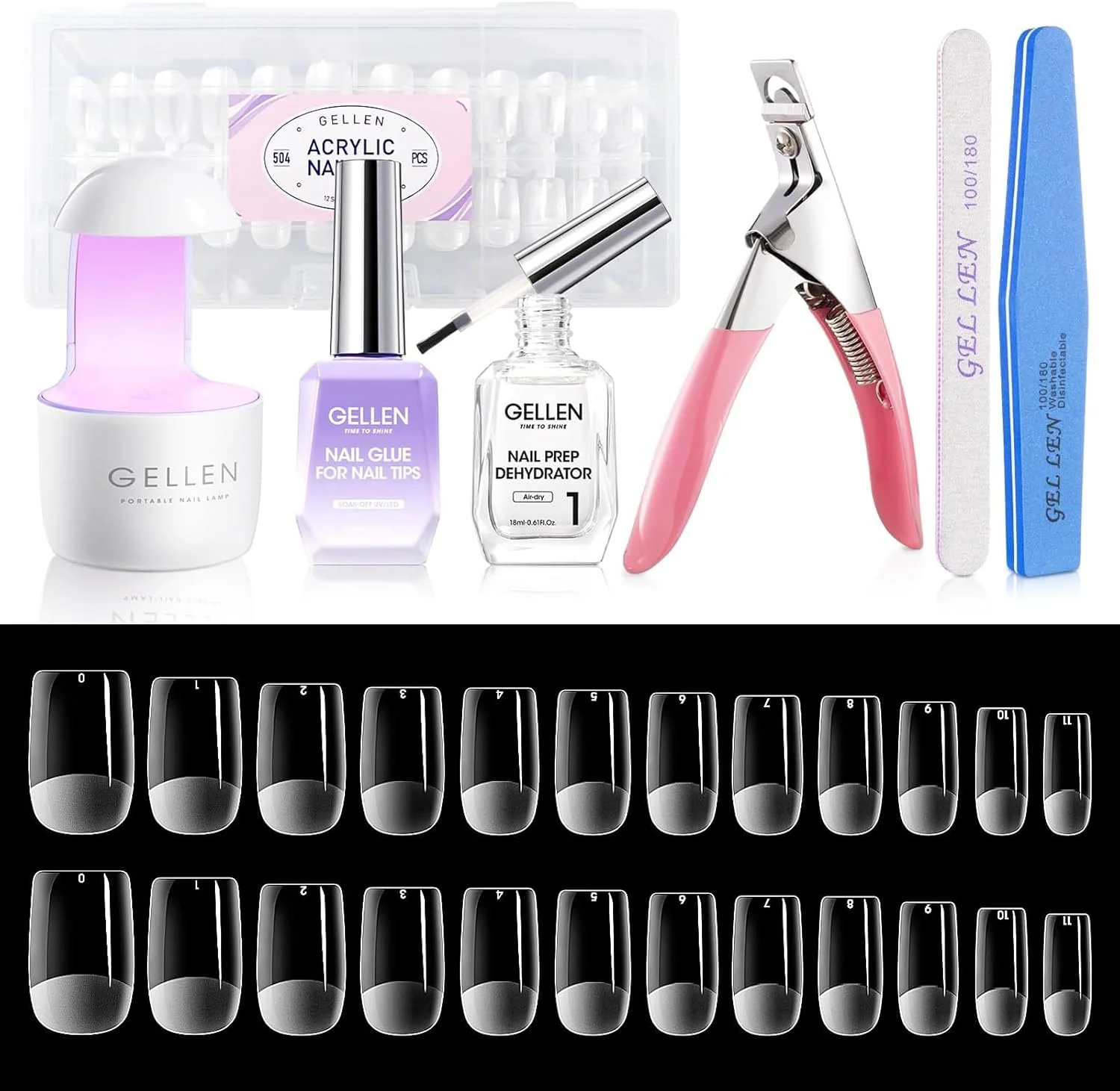 ست ناخن ژلی GELLEN، شامل 504 عدد تیپ ناخن کوتاه مربعی از پیش ساخته شده، چسب ژل 7 در 1، دهیدراتور ناخن، چراغ UV/LED، ست ناخن گیر و سوهان، ست اکستنشن