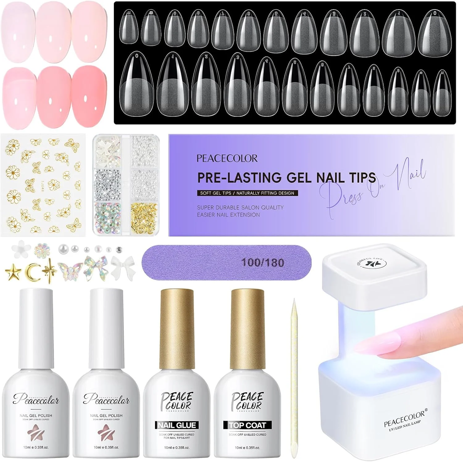 کیت ناخن مصنوعی و چسب ژل PEACECOLOR: 240 عدد ناخن بادامی کوتاه و متوسط شفاف به همراه لامپ قابل حمل UV، چسب 9 در 1، لاک ژل ژله ای صورتی و کرم، ست ابزار اکستنشن ناخن اکریلیک مناسب هدیه برای خانم ها