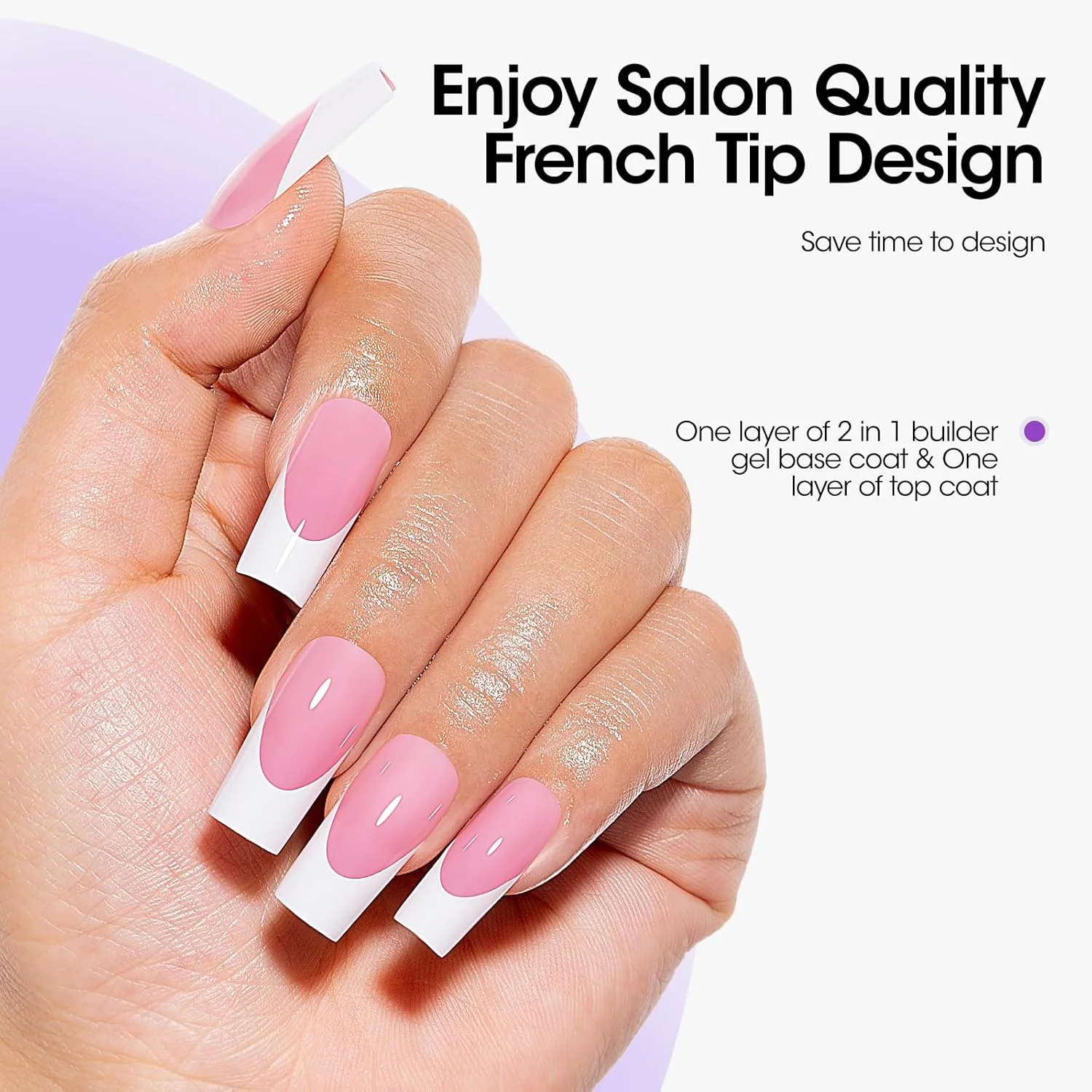 کیت ناخن مصنوعی صورتی Gellen - ناخن های مربعی بلند با نوک فرانسوی 240 عددی، شامل چسب ژل، ژل پایه، تاپ کت، کیت اکستنشن ناخن برای دستگاه UV