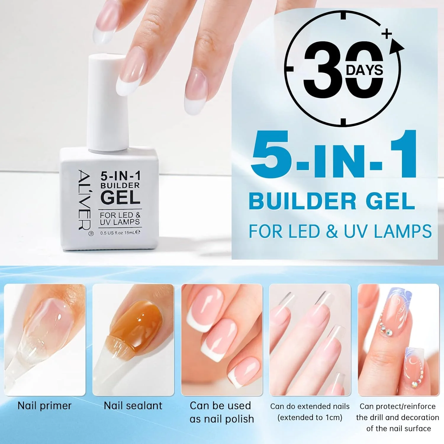 ژل بیلدر ناخن ALIVER شفاف (15 میلی لیتر)، تقویت کننده 5 در 1 UV، لایه پایه لاک، ژل سخت برای اکستنشن، ترمیم مانیکور هنری، تزئین، برچسب و جواهرات ژل بیلدر ناخن ALIVER شفاف (15 میلی لیتر)، تقویت کننده 5 در 1 UV، لایه پایه لاک، ژل سخت برای اکستنشن، ترمیم مانیکور هنری، تزئین، برچسب و جواهرات