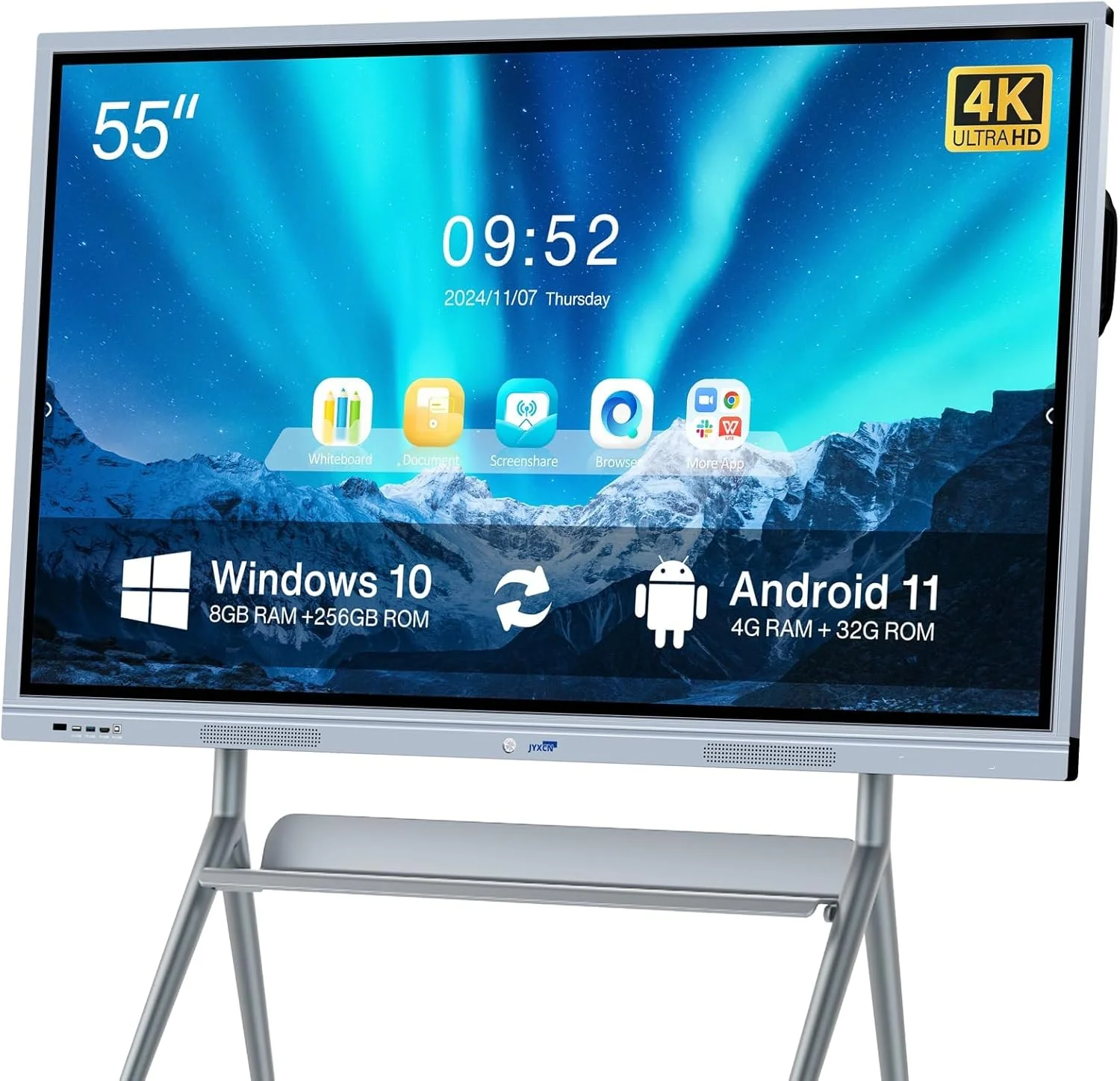 هاب همکاری برد هوشمند، نمایشگر تخته سفید تعاملی دیجیتال 55 اینچی با صفحه لمسی 4K، سیستم دوگانه، تخته هوشمند الکترونیکی برای کلاس درس، دفتر کار، منزل (شامل پایه دیواری)