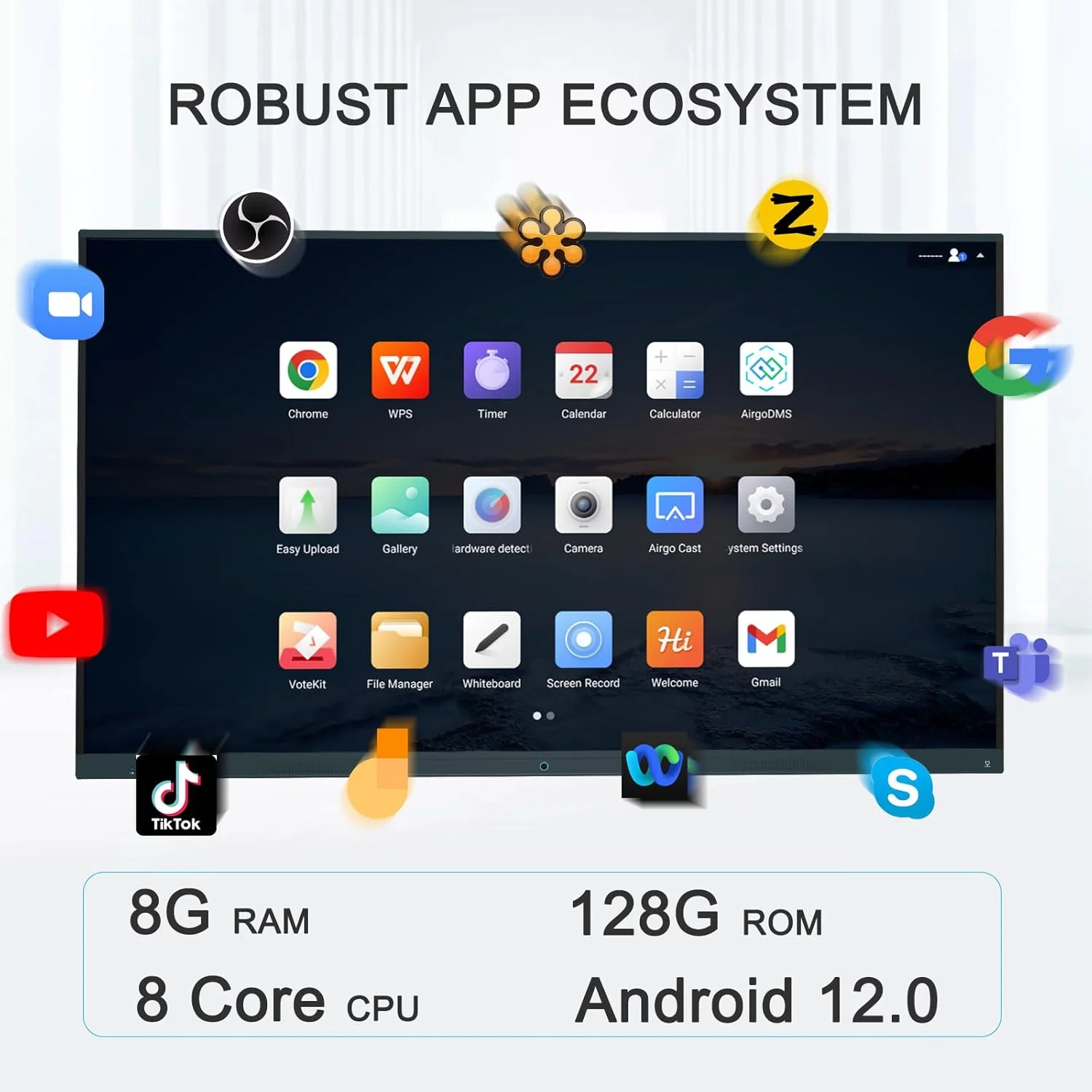 برد هوشمند 65 اینچ - صفحه نمایش لمسی 4K UHD، وایت برد دیجیتال، اندروید 12.0 با 8 گیگابایت رم + 128 گیگابایت حافظه داخلی، اکوسیستم برنامه باز، وایت برد تعاملی همه کاره برای کلاس درس و خانه (برد + پایه دیواری)