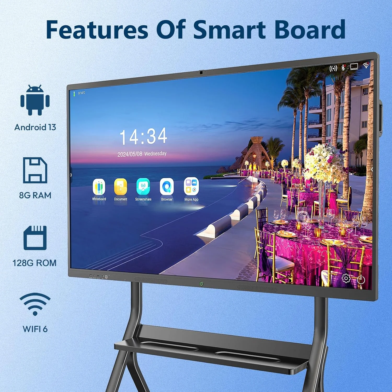 برد هوشمند لمسی 4K، تخته سفید تعاملی با دوربین فوق العاده با کیفیت HD و میکروفون داخلی، 8+128 گیگابایت، پشتیبانی از WIFI، بلوتوث و HDMI (65 اینچ)