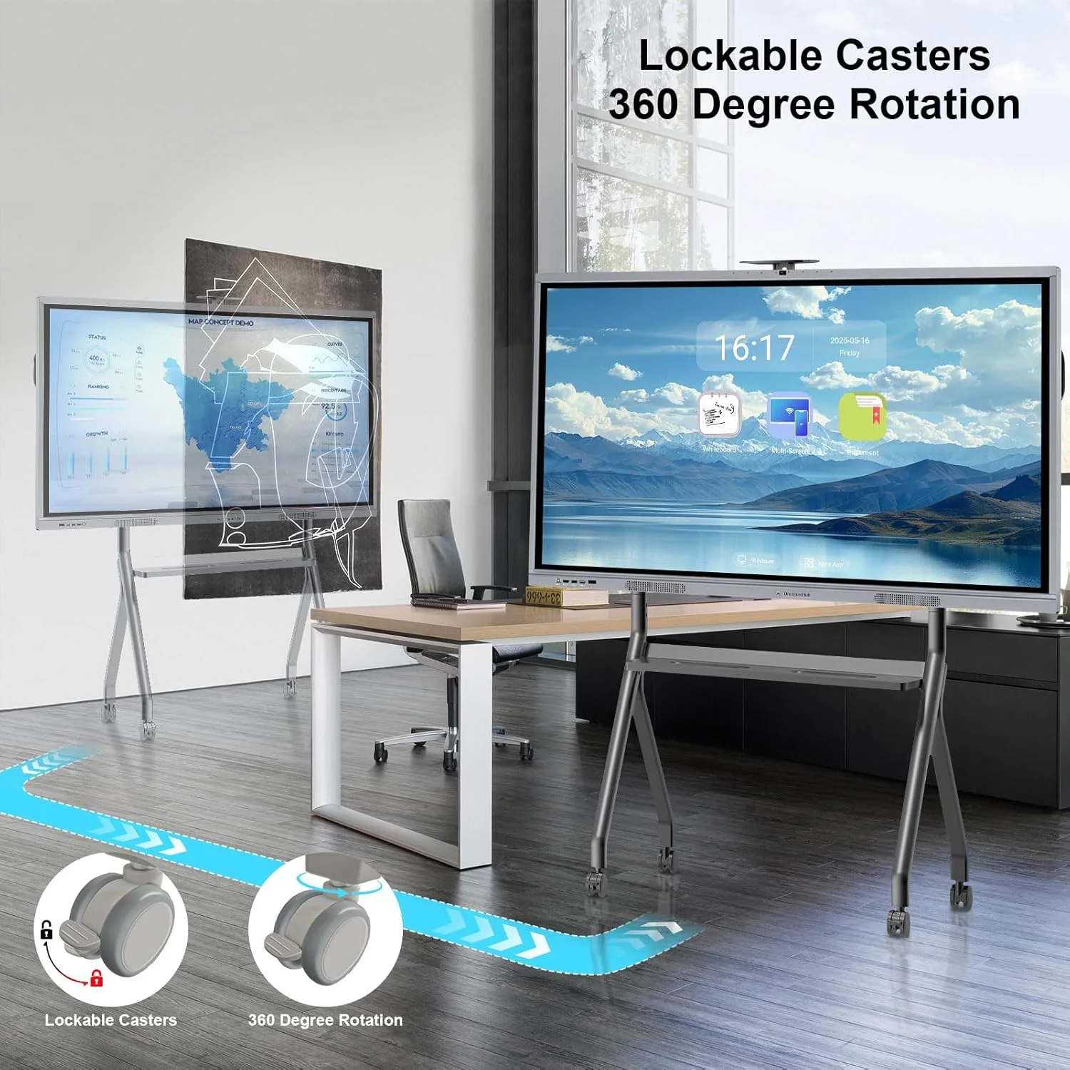 پایه برد هوشمند متحرک با قابلیت تنظیم ارتفاع برای بردهای تعاملی ۴۴ تا ۷۵ اینچ، مناسب کلاس درس، خانه، دفتر کار، استودیو با چهار چرخ قفل‌شو