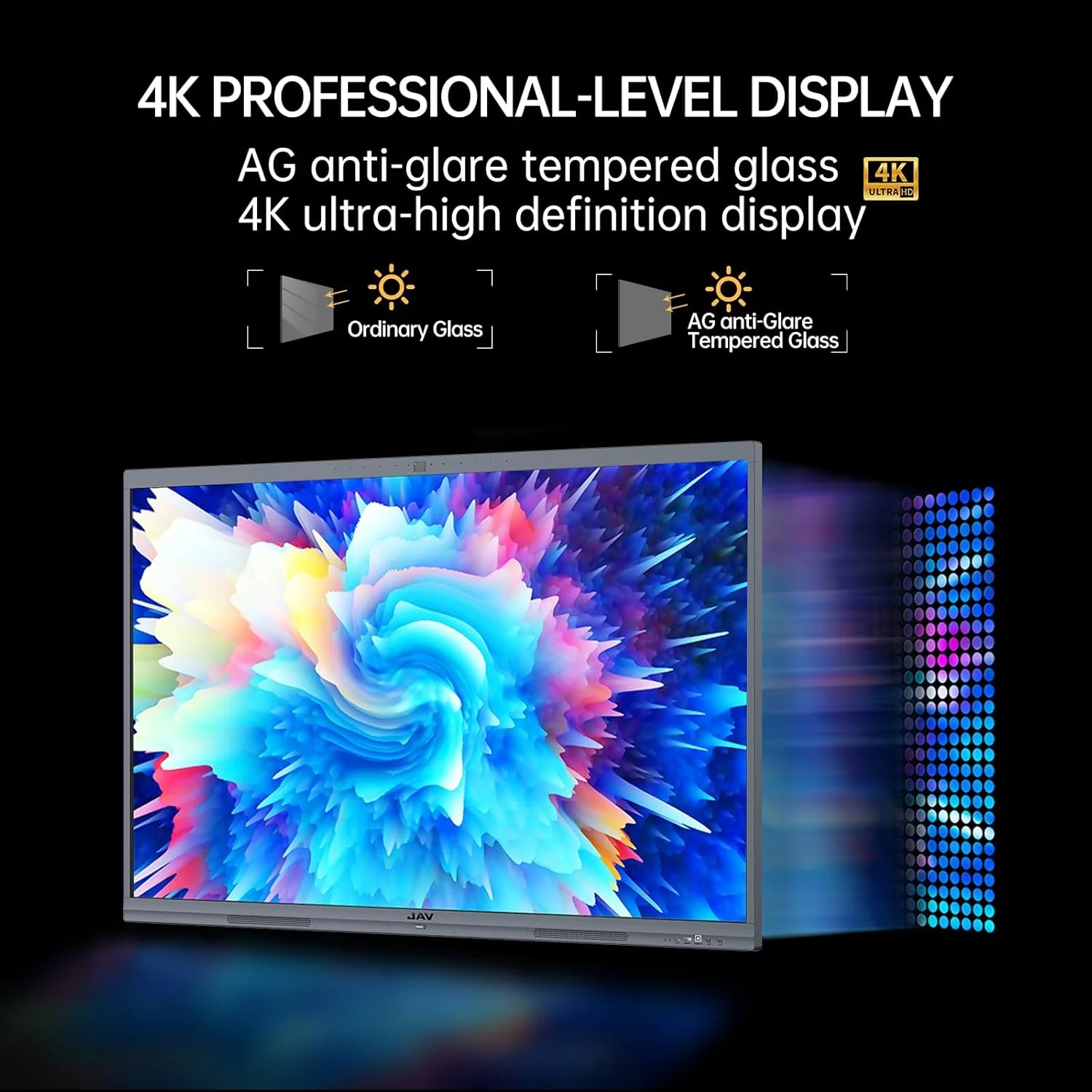 برد هوشمند JAV با گواهینامه Google EDLA، تخته سفید تعاملی 4K برای دفتر و کلاس درس، دوربین های دوگانه 48 مگاپیکسلی هوش مصنوعی، ساندبار 2x16 واتی، سیستم عامل Android 14 با 8 گیگابایت رم + 128 گیگابایت حافظه داخلی، (شامل پایه دیواری) (55 اینچ)