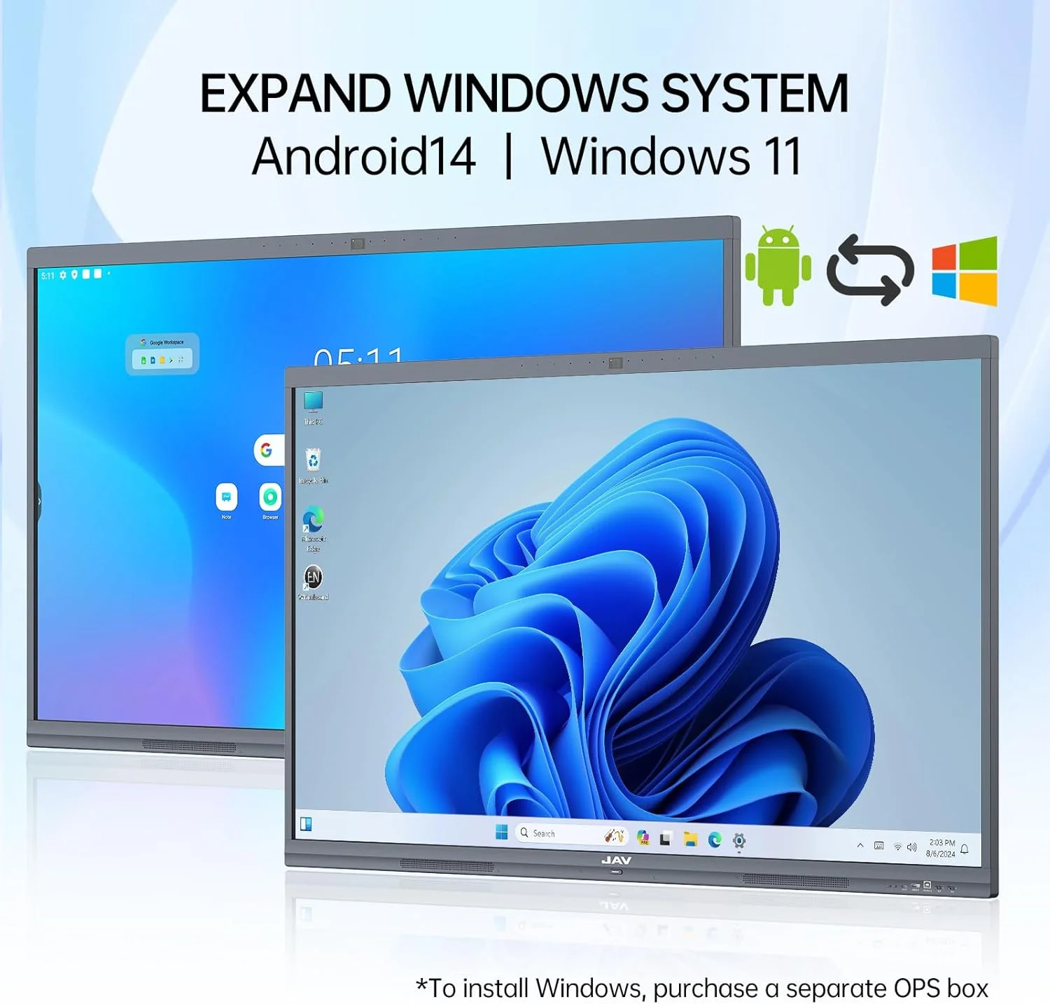 برد هوشمند JAV دارای گواهینامه Google EDLA، تخته سفید تعاملی 4K برای دفتر و کلاس درس، دوربین های دوگانه 48 مگاپیکسلی AI، ساندبار 2 x 16 واتی، سیستم عامل Android 14 با 8 گیگابایت رم + 128 گیگابایت حافظه داخلی (شامل پایه دیواری) (65 اینچ)