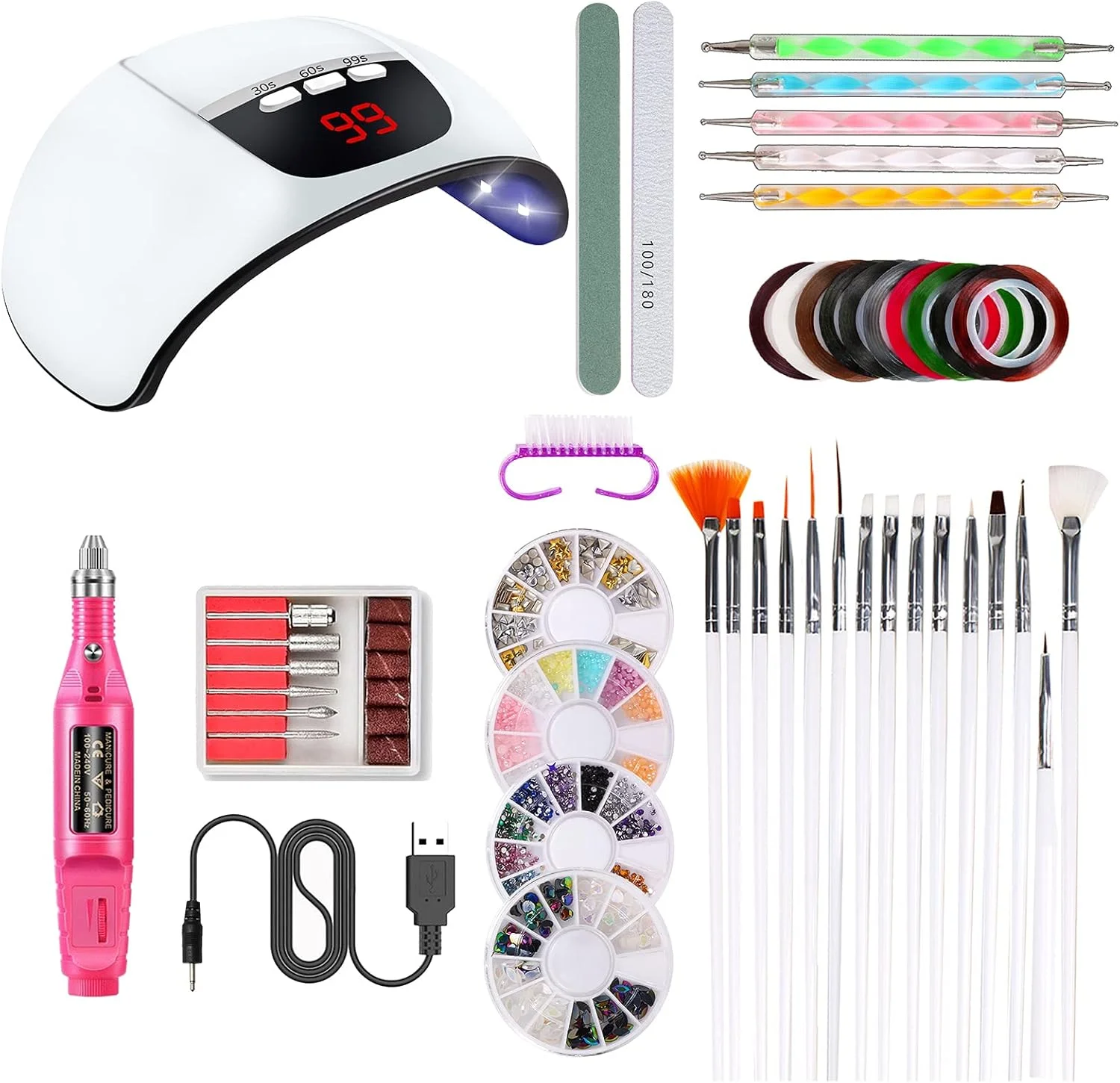 ست ابزار طراحی ناخن شامل دستگاه خشک کن لاک، قلم طراحی ناخن، دسته سوهان برقی ناخن، قلم های طراحی ناخن، ابزار نقطه گذاری ناخن، لوازم تزئینی ناخن، نوار طراحی ناخن و سنگ های تزئینی رنگی برای زیبایی ناخن