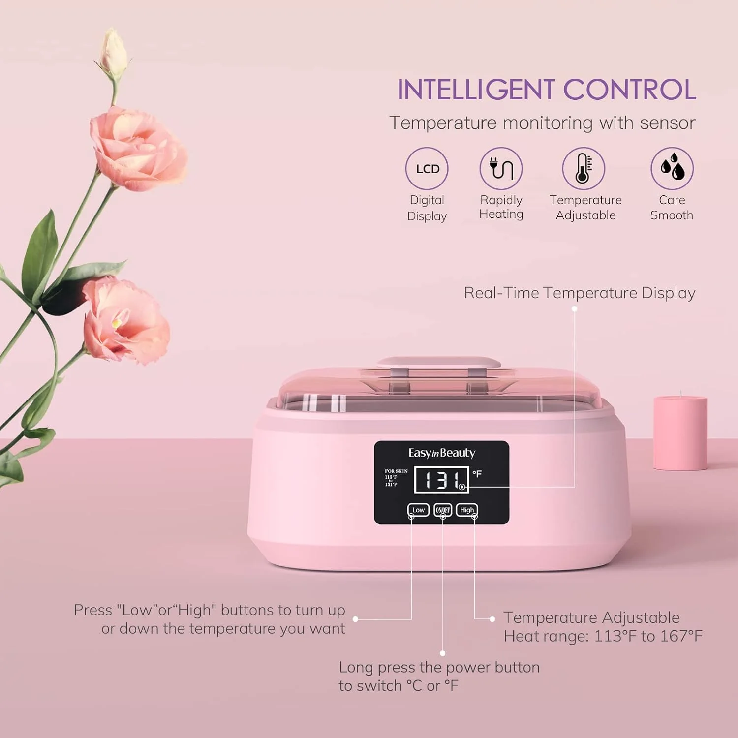 دستگاه پارافین تراپی EasyinBeauty برای دست و پا، گرم کننده پارافین لمسی 3000 میلی لیتری با 6 بسته موم رز (1.2 کیلوگرم)، اسپا پارافین داغ برای درمان، حمام پارافین برای پوست صاف و نرم