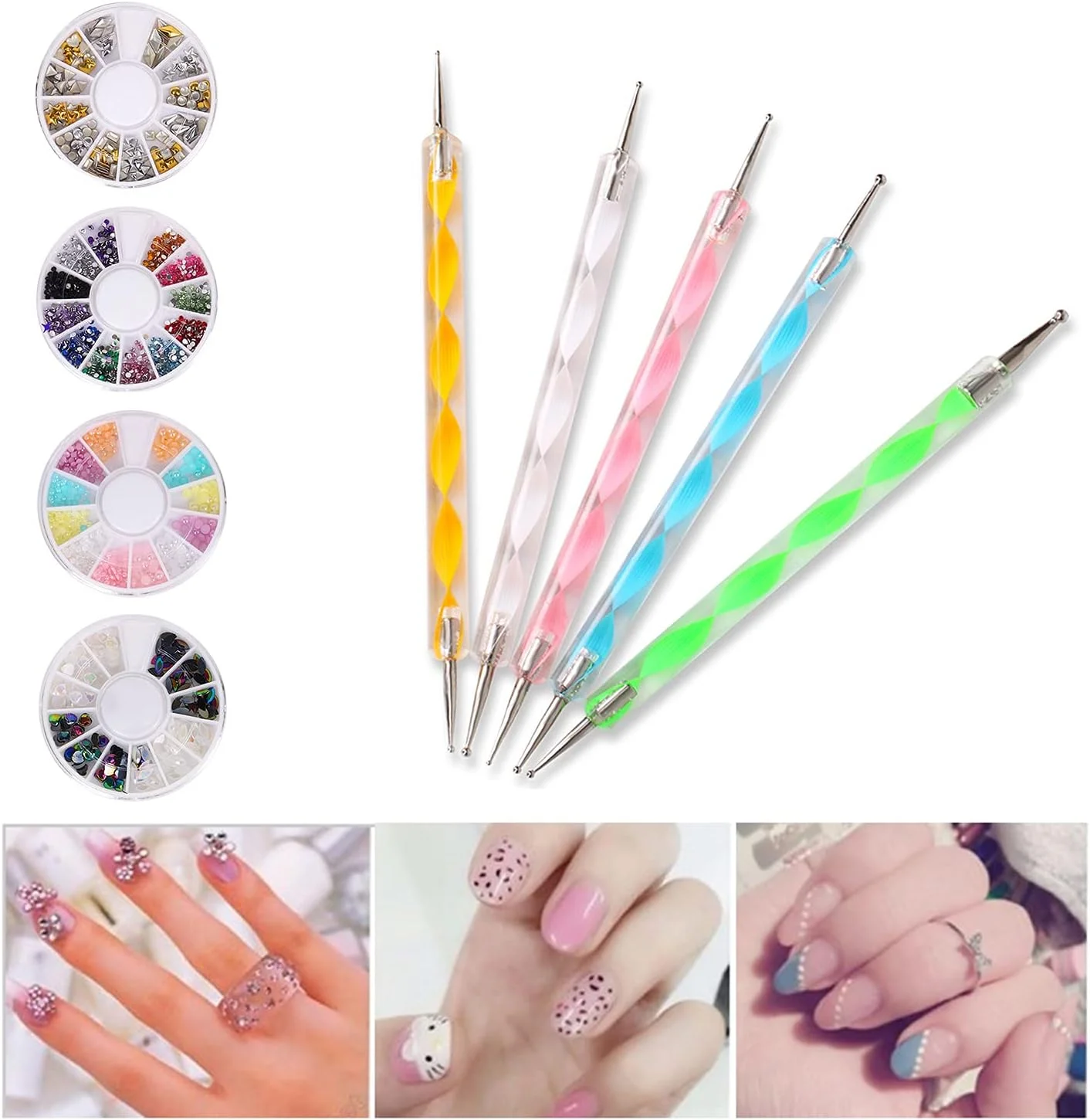 ست ابزار طراحی ناخن شامل دستگاه خشک کن لاک، قلم طراحی ناخن، دسته سوهان برقی ناخن، قلم های طراحی ناخن، ابزار نقطه گذاری ناخن، لوازم تزئینی ناخن، نوار طراحی ناخن و سنگ های تزئینی رنگی برای زیبایی ناخن