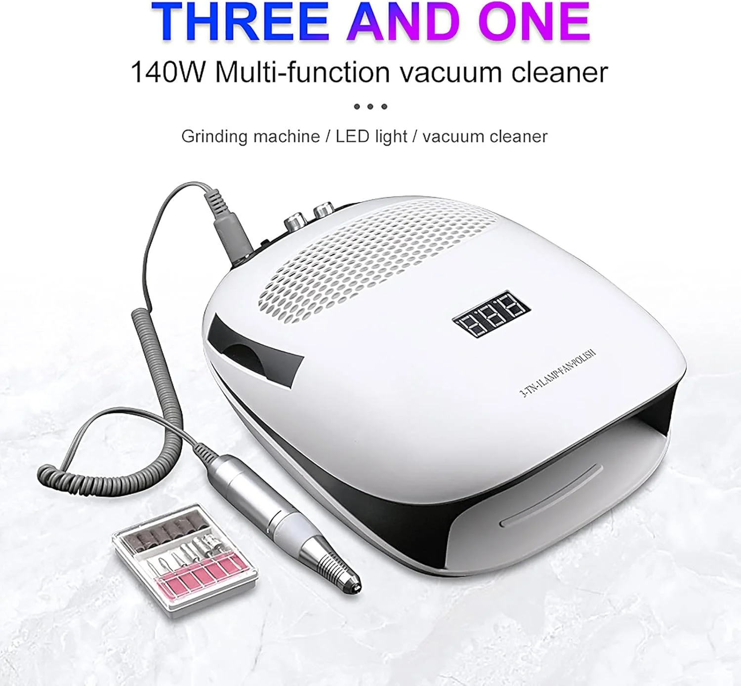دستگاه ۳ در ۱: خشک کن لاک ناخن، دستگاه دریل برقی ناخن، جمع کننده گرد و غبار ناخن، جاروبرقی مکنده، مانیکور ناخن برای ناخن های اکریلیک
