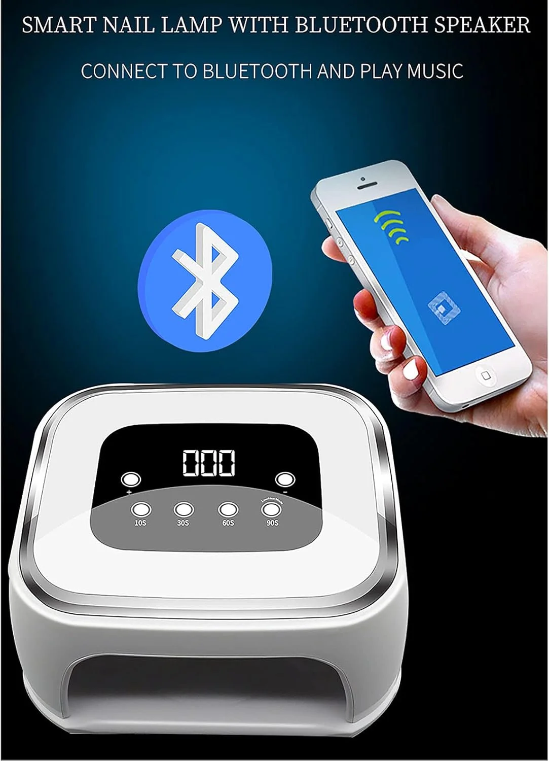 دستگاه خشک کن لاک ناخن ال ای دی 99 وات با بلندگوی بلوتوث داخلی، دارای 42 لامپ ال ای دی یو وی، مناسب برای انواع لاک ژل، دارای تایمر و سنسور اتوماتیک، ابزار مانیکور