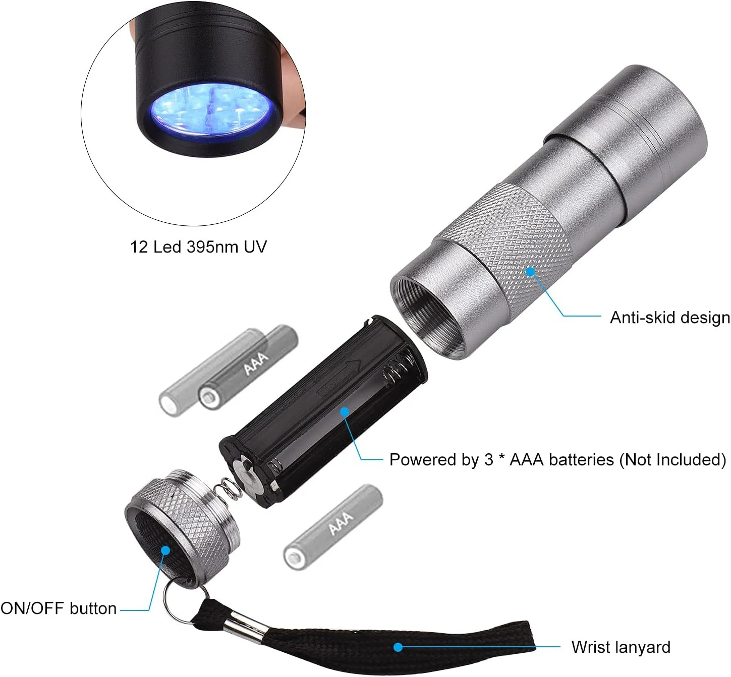 چراغ قوه کوچک UV Pekdi، چراغ دستی UV با 12 LED و طول موج 395 نانومتر، مناسب برای ماسک صورت