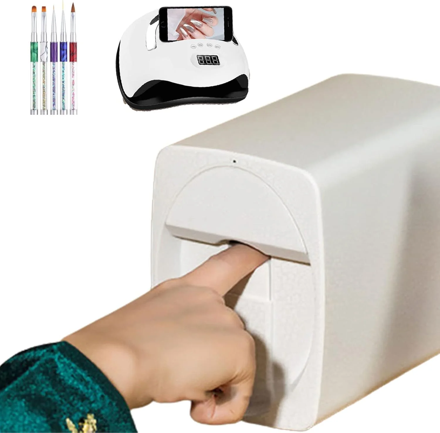 دستگاه چاپ ناخن هوشمند اتوماتیک موبایل سه بعدی به همراه ژل ناخن، لاک ناخن، برس و لامپ