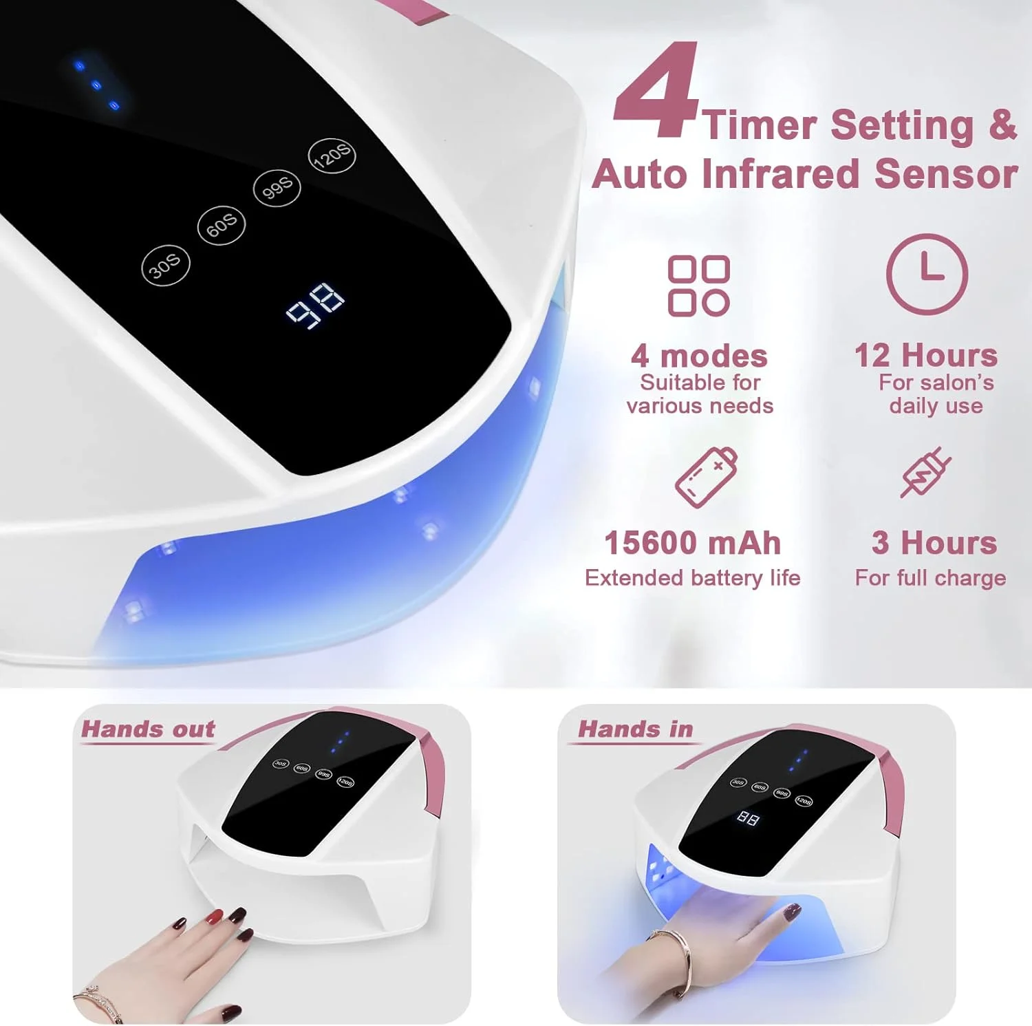 چراغ UV قابل شارژ 96 وات برای ناخن | لامپ LED ناخن بی سیم با دسته قابل حمل | چراغ UV حرفه ای برای خشک کردن لاک ژل | سنسور مادون قرمز خودکار و 4 تایمر ابزار ناخن برای لاک ناخن