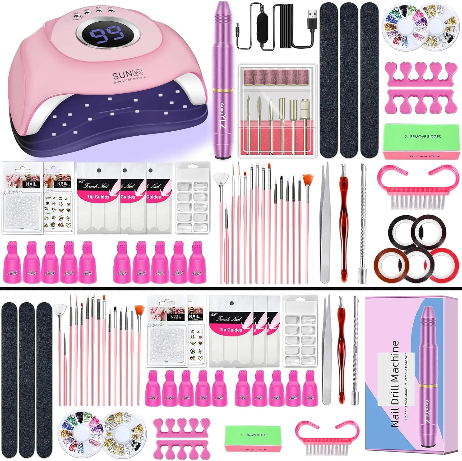 ست طراحی ناخن، دریل برقی ناخن با لامپ خشک کن ژل ناخن LED UV، لوازم مانیکور ناخن آکریلیک سه بعدی