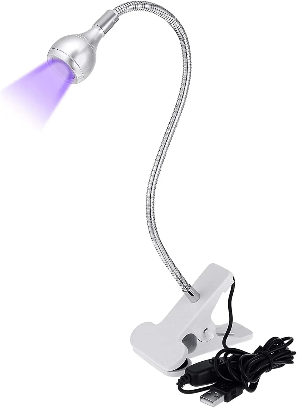 چراغ ال ای دی یو وی، چراغ کوچک یو وی برای ناخن های ژلی، لامپ یو وی با ورودی 5 ولت USB، چراغ فلاش کیور با اتصالات و گردن غازی، مینی لامپ ناخن برای خشک کردن ژل ناخن (نقره ای، 1 عدد)