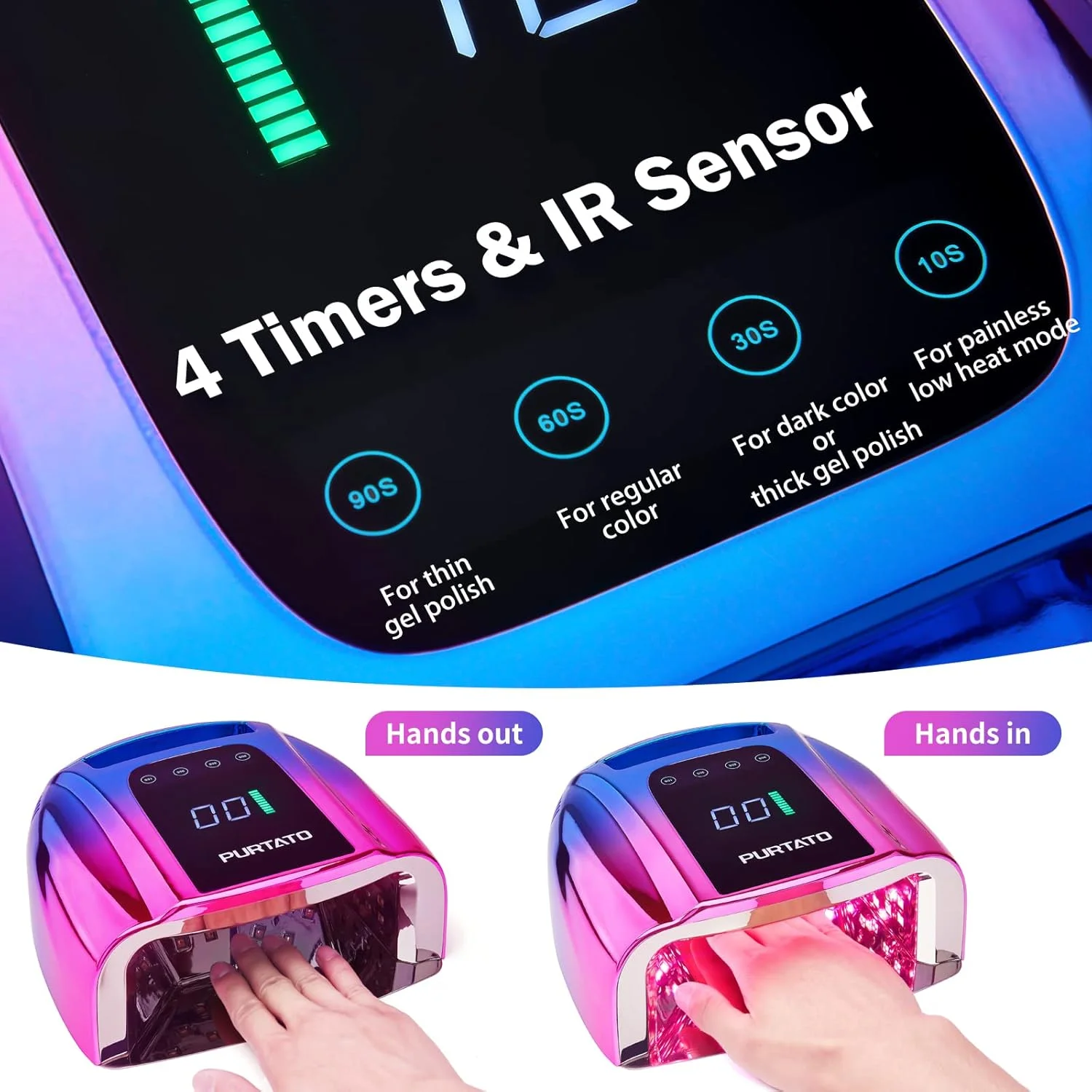 دستگاه خشک کن لاک ژل حرفه ای قابل شارژ 96 وات UV LED، قابل حمل و بی سیم، دارای کف استیل ضد زنگ جداشدنی، 4 تنظیم تایمر و سنسور هوشمند