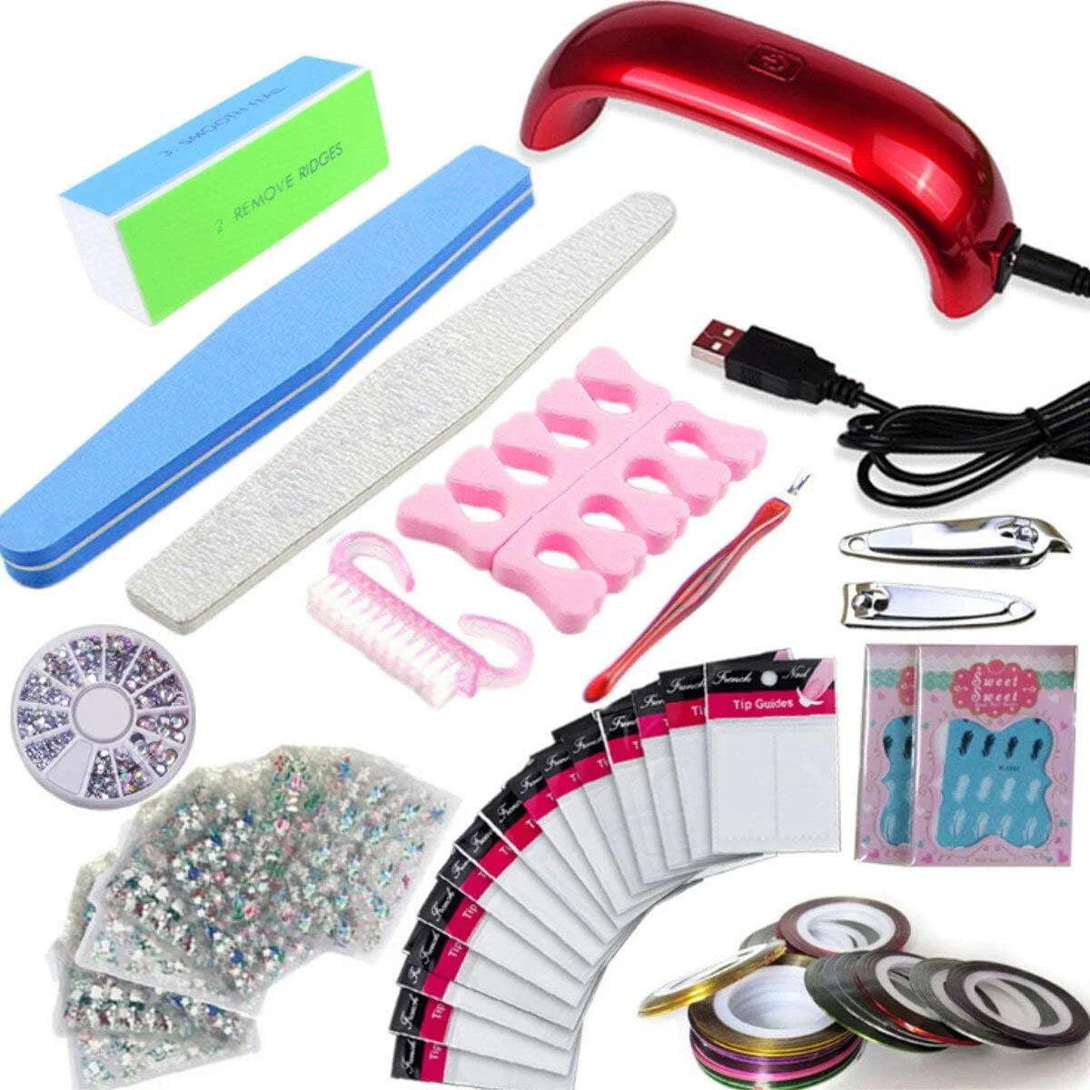 ست ابزار طراحی ناخن 14 عددی LED، لامپ LED، خشک کن لاک ژل، برچسب های قیچی مانیکور، لامپ جایگزین کم مصرف