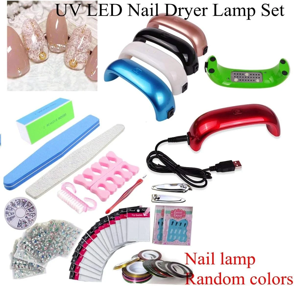 ست ابزار طراحی ناخن 14 عددی LED، لامپ LED، خشک کن لاک ژل، برچسب های قیچی مانیکور، لامپ جایگزین کم مصرف