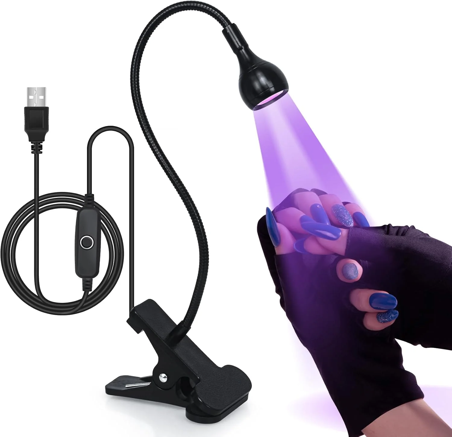 چراغ ناخن AORAEM با دستکش محافظ UV، خشک کن لاک ناخن LED 3 وات 35 نانومتری با گردن غازی مشکی و گیره برای ناخن های ژلی