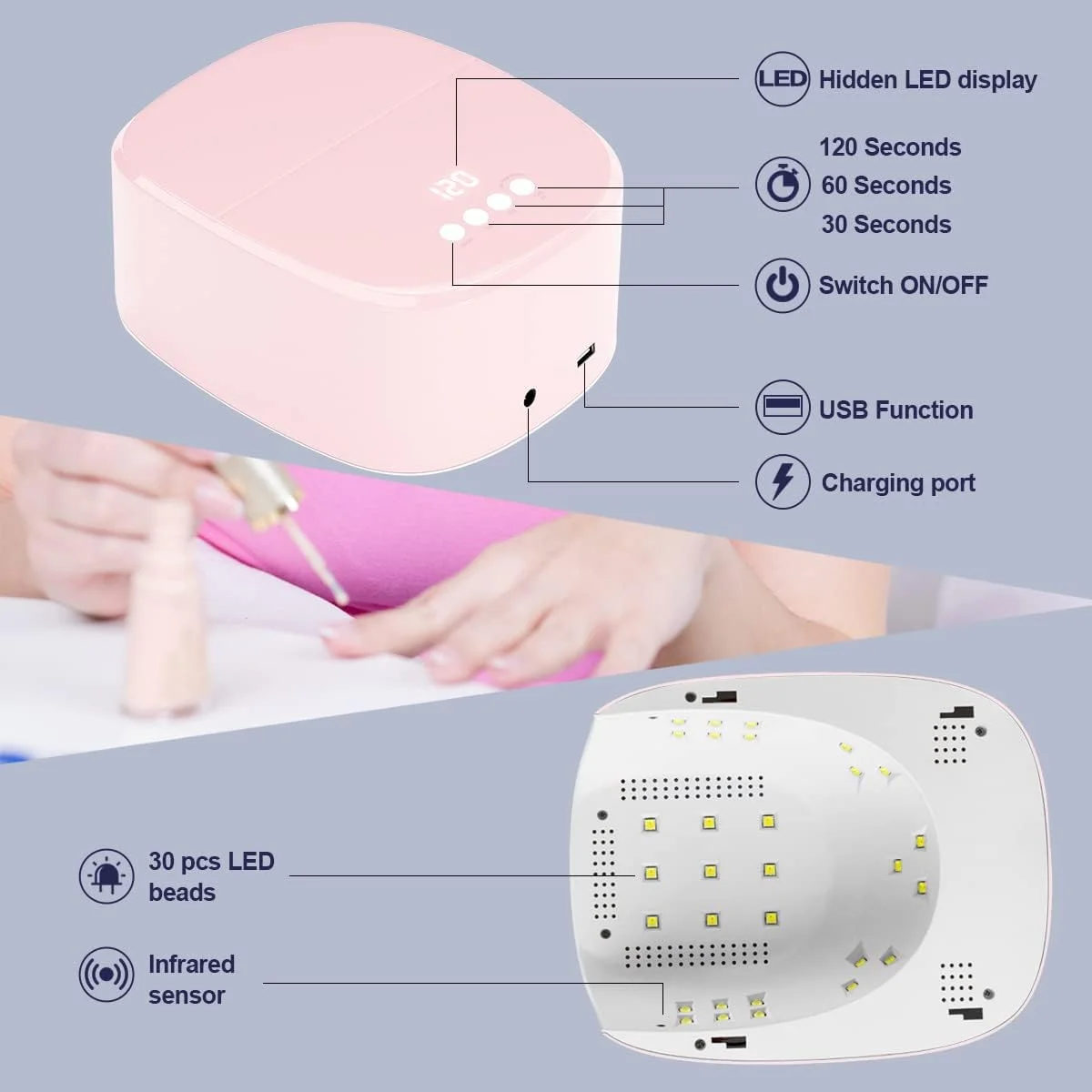 چراغ ال ای دی ناخن بی سیم BETE، خشک کن ناخن ال ای دی 60 واتی قابل شارژ برای خشک کردن لاک ناخن و دارای پورت USB برای شارژ تلفن و دریل ناخن، خشک کن ناخن صورتی رنگ قابل حمل و حرفه ای چراغ ال ای دی ناخن بی سیم BETE، خشک کن ناخن ال ای دی 60 واتی قابل شارژ برای خشک کردن لاک ناخن و دارای پورت USB برای شارژ تلفن و دریل ناخن، خشک کن ناخن صورتی رنگ قابل حمل و حرفه ای