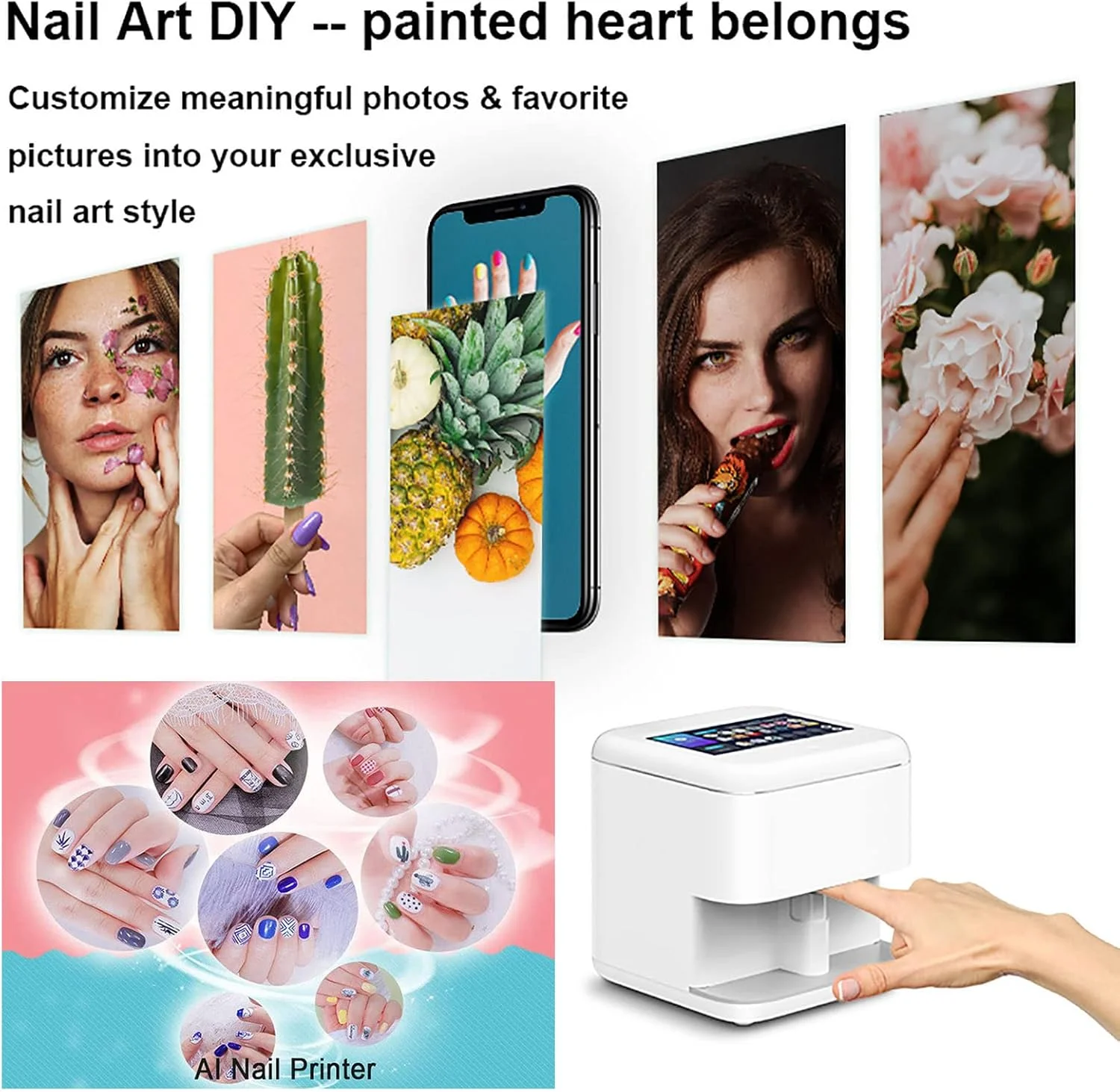 دستگاه چاپ ناخن سه بعدی، دستگاه چاپ ناخن اتوماتیک هوشمند، صفحه نمایش لمسی 7 اینچی با کیفیت بالا، رزولوشن 1024 X 600 پیکسل، تشخیص سطح ناخن با هوش مصنوعی، تجهیزات ناخن WIFI