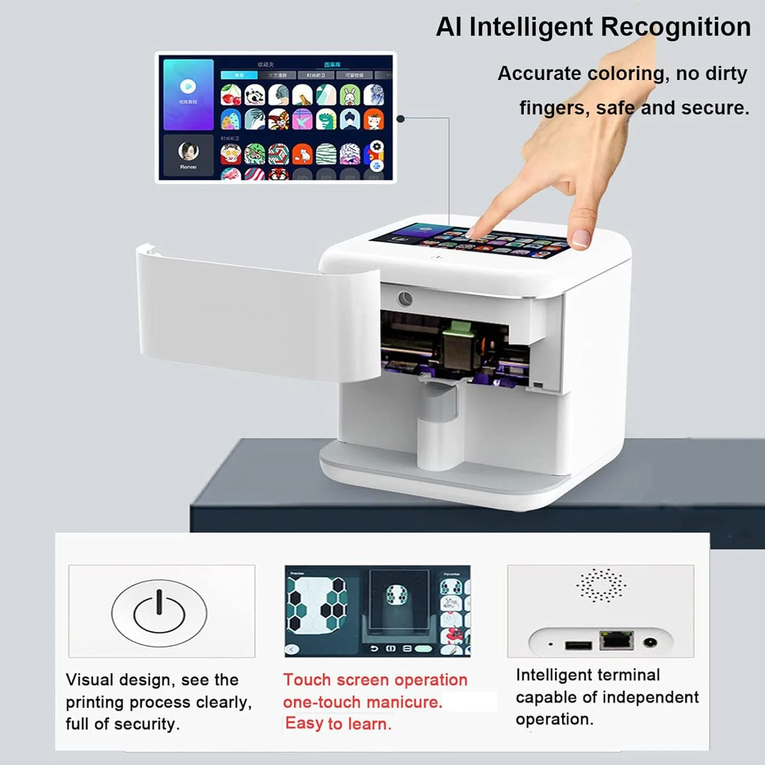 دستگاه چاپ ناخن سه بعدی، دستگاه چاپ ناخن اتوماتیک هوشمند، صفحه نمایش لمسی 7 اینچی با کیفیت بالا، رزولوشن 1024 X 600 پیکسل، تشخیص سطح ناخن با هوش مصنوعی، تجهیزات ناخن WIFI