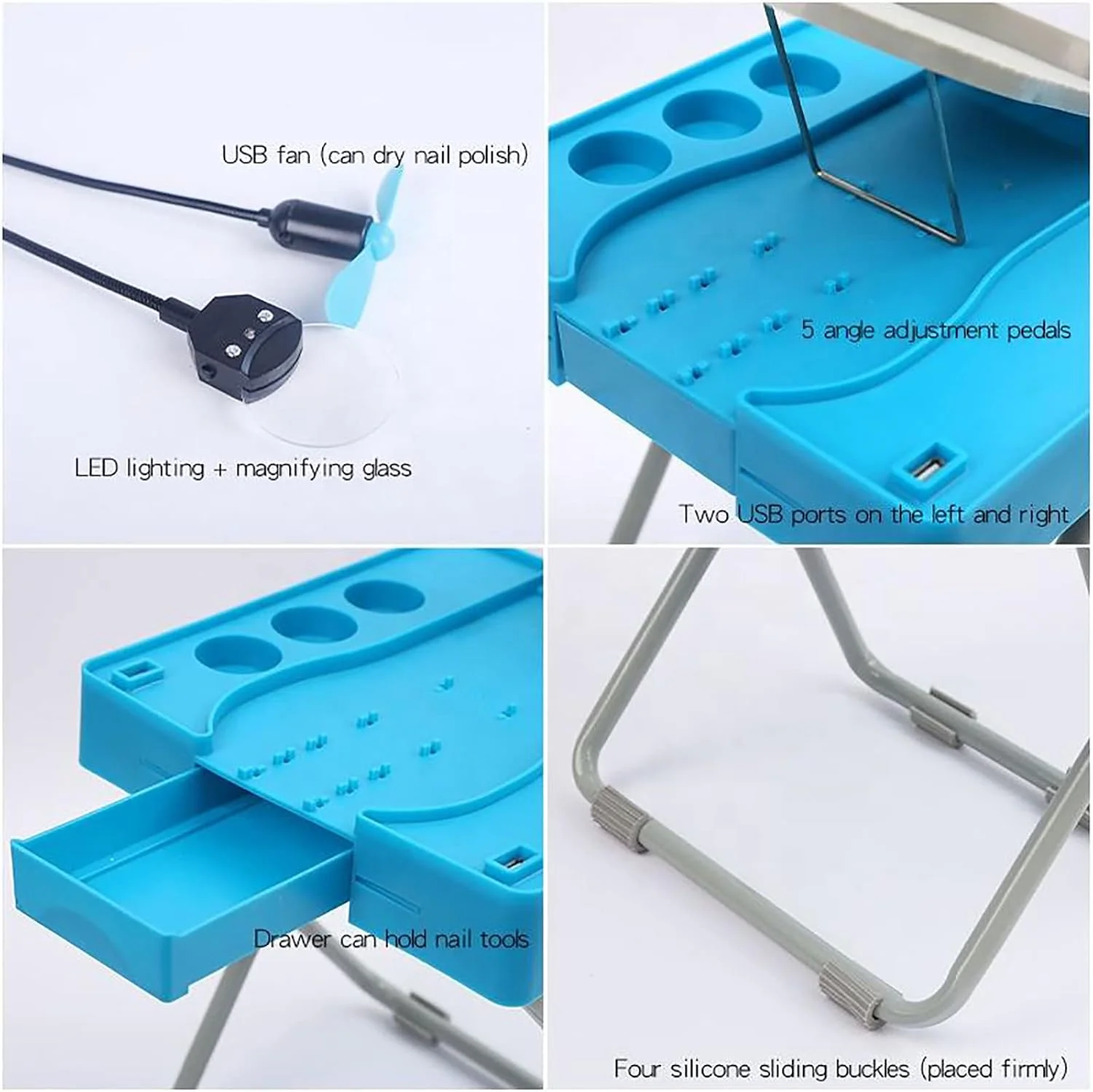 پایه پدیکور زیبایی، صندلی پدیکور با ذره بین LED و فن خشک کننده، دارای جعبه نگهداری مناسب، ضد لغزش و محکم، پایه پدیکور قابل تنظیم، USB، مناسب برای استفاده شخصی و سالن ناخن