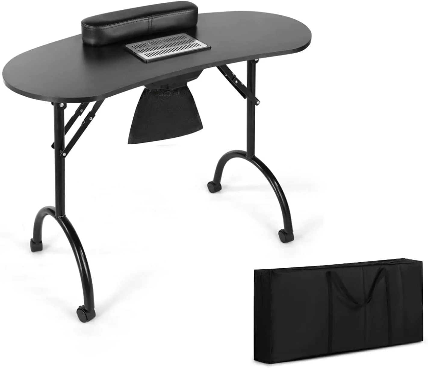 میز ناخن تاشو قابل حمل با پد مچی/چرخ قابل کنترل/مناسب برای سالن های زیبایی و اسپا، کیف مشکی و سفید، میز مانیکور مناسب برای اسپا خانگی و سالن های زیبایی