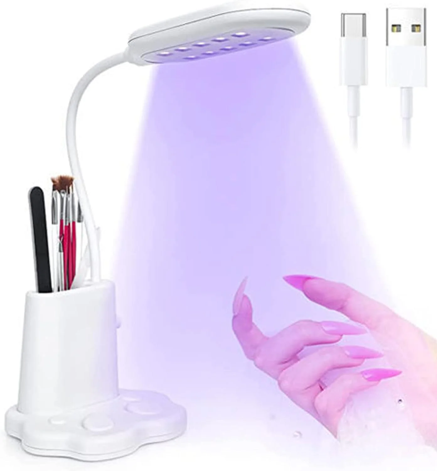 چراغ ناخن کوچک، چراغ ناخن LED یو وی USB، 30 وات قابل شارژ، 10 مهره LED، گردن غازی رومیزی 360 درجه چرخان، با کلید لمسی، برای استفاده خانگی، مانیکور سالنی