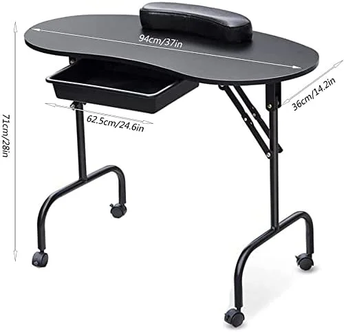 میز ناخن مانیکور، میز تاشو قابل حمل، میز مانیکور متحرک، میز ناخن با چرخ های گردان 360 درجه و کشو، میز مانیکور برای خانه و دفتر