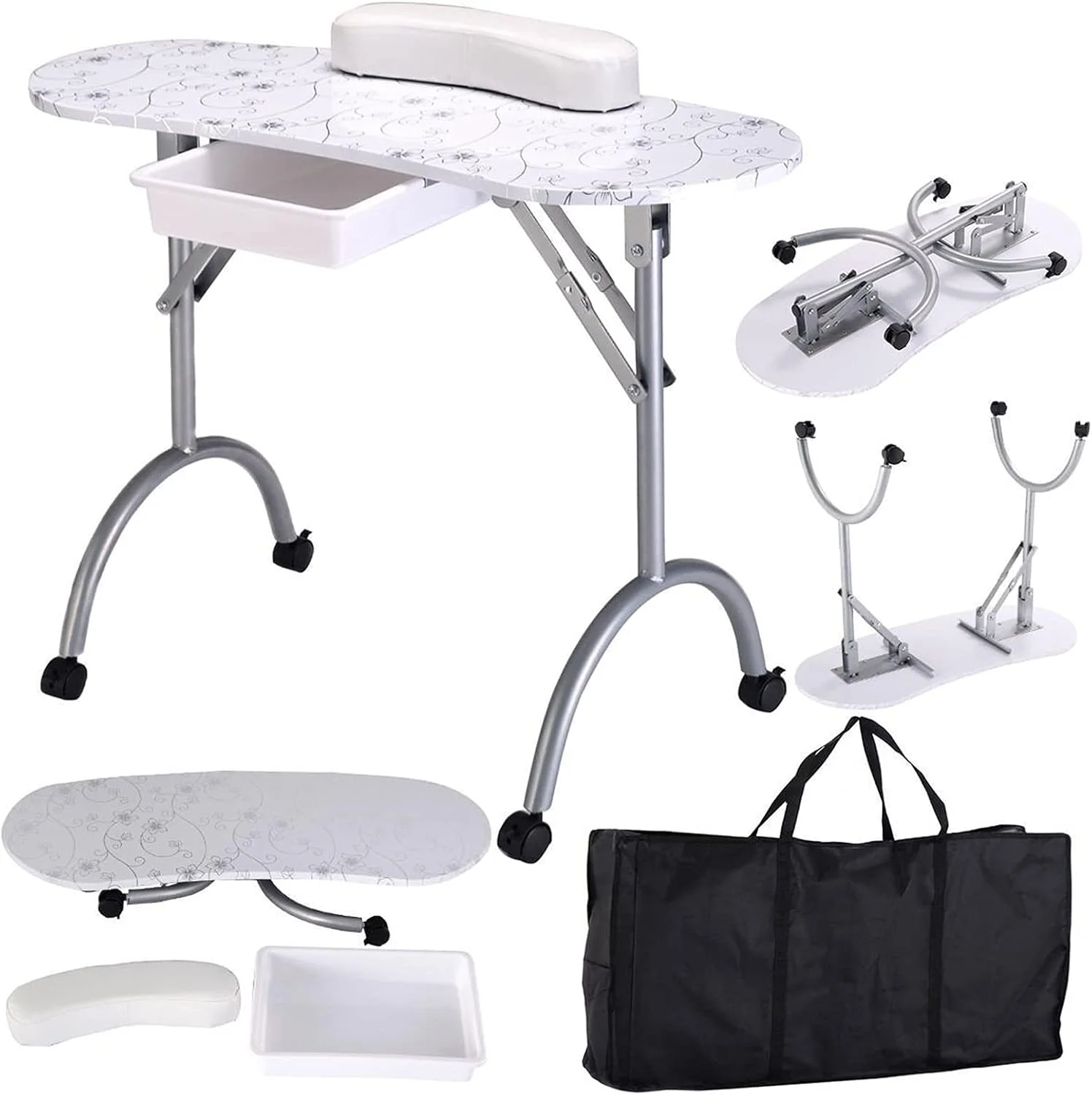 میز ناخن تاشو قابل حمل با کشو چرخ دار متحرک، میز مانیکور (رنگ: سفید)