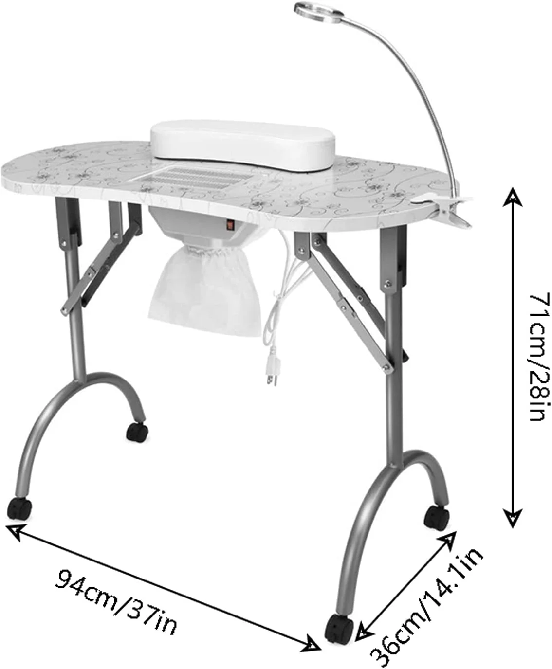 میز ناخن تاشو قابل حمل، میز مانیکور تاشو، میز مانیکور قابل حمل با جاروبرقی، لامپ مانیکور، میز مانیکور مناسب برای منزل، اسپا و آرایشگاه