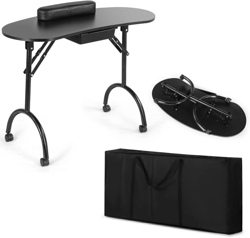 میز ناخن تاشو قابل حمل، میز کار متحرک، میز طراحی ناخن با کشو و تکیه گاه مچ دست، مناسب برای دفتر، استودیو، فروشگاه