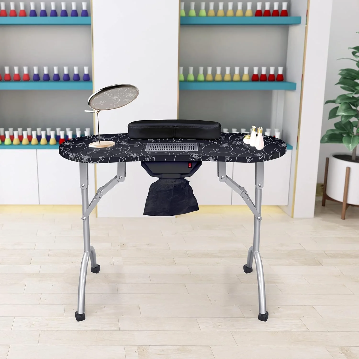 میز ناخن تاشو قابل حمل با فن مکنده و محافظ مچ دست، مناسب برای استفاده در منزل، سالن های اسپا و زیبایی (رنگ: سفید) (مشکی)