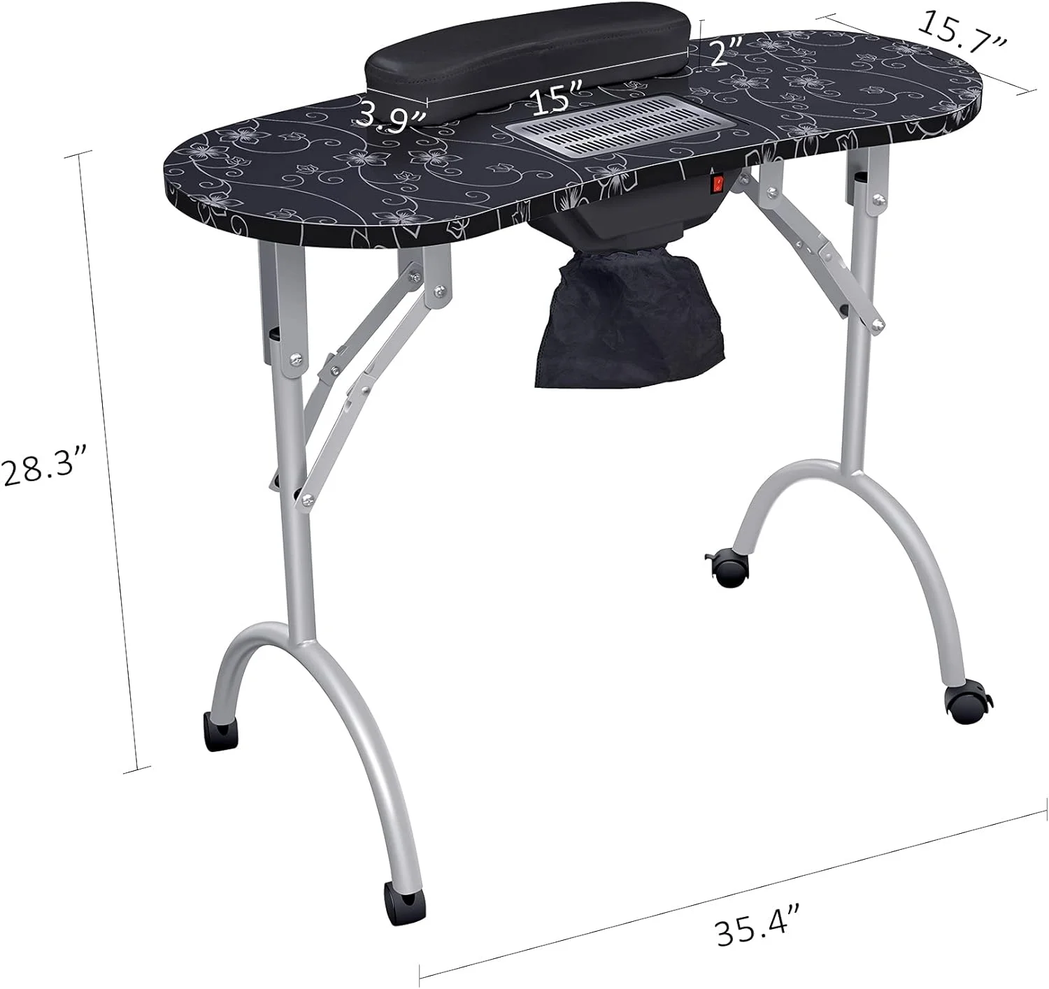 میز ناخن تاشو قابل حمل با فن مکنده و محافظ مچ دست، مناسب برای استفاده در منزل، سالن های اسپا و زیبایی (رنگ: سفید) (مشکی)