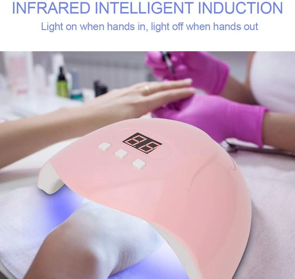 دستگاه خشک کن لاک ناخن LED یو وی 54 وات - ابزار مانیکور هوشمند خشک کننده ژل لاک ناخن با تنظیم زمان 30، 60 و 90 ثانیه (صورتی)