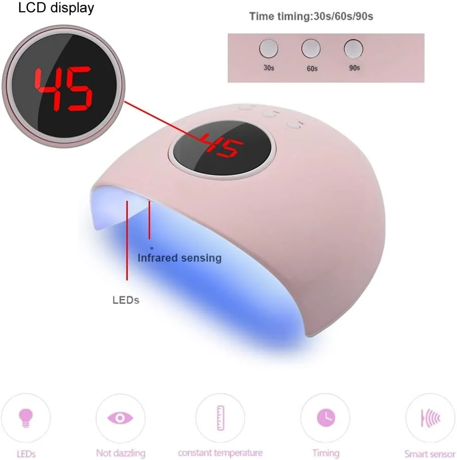 دستگاه خشک کن ناخن 24 وات، لامپ ال ای دی یو وی حرفه ای، دستگاه خشک کن ناخن با صفحه نمایش ال سی دی، دستگاه پدیکور با 3 تنظیم تایمر 30s/60s/90s، منابع نور دوگانه، ابزار طراحی ناخن