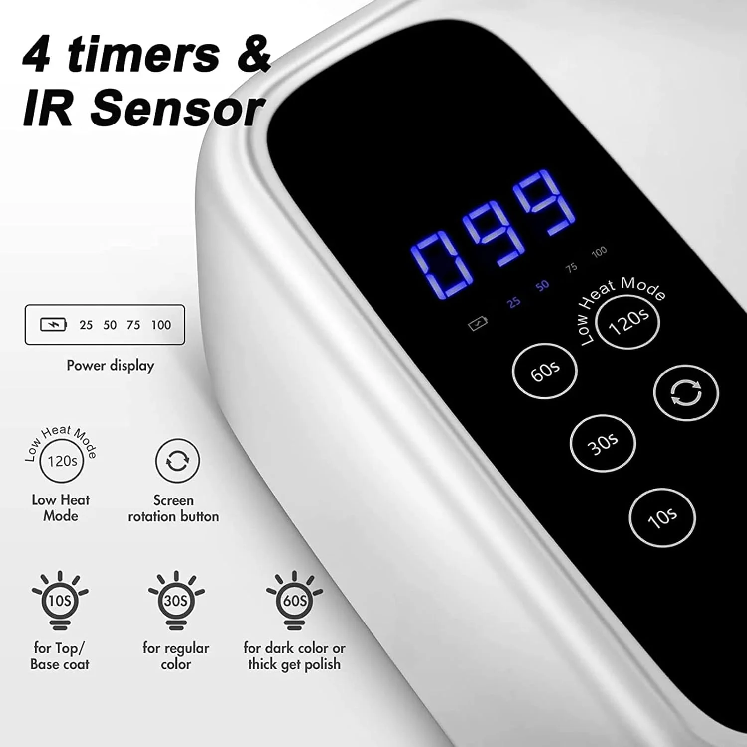 دستگاه خشک کن لاک ناخن، نور UV قابل شارژ 72 وات برای ناخن، ظرفیت بزرگ 15600 میلی آمپر ساعت، با 4 تایمر، سنسور، صفحه نمایش LCD با قابلیت تنظیم جهت جلو و عقب، برای لاک ژل