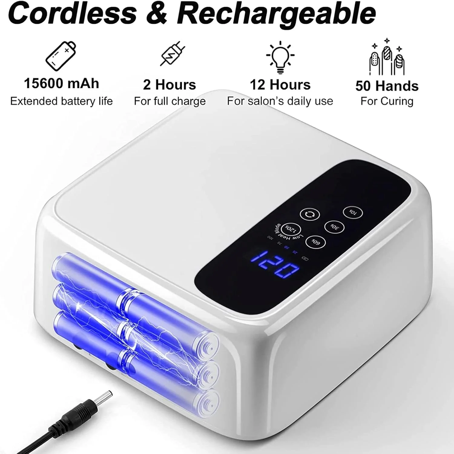 دستگاه خشک کن لاک ناخن، نور UV قابل شارژ 72 وات برای ناخن، ظرفیت بزرگ 15600 میلی آمپر ساعت، با 4 تایمر، سنسور، صفحه نمایش LCD با قابلیت تنظیم جهت جلو و عقب، برای لاک ژل