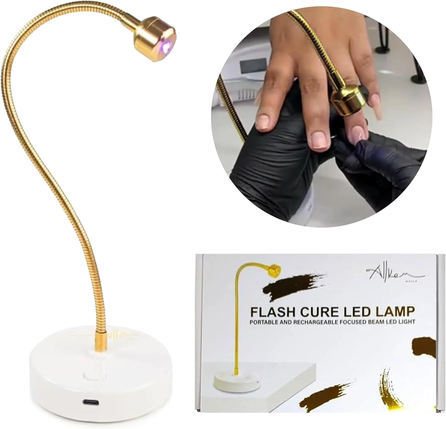چراغ ال ای دی یو وی قابل حمل ALLKEM با گردن غازی طلایی برای لاک ژل ناخن، مناسب برای استفاده حرفه ای و خانگی چراغ ال ای دی یو وی قابل حمل ALLKEM با گردن غازی طلایی برای لاک ژل ناخن، مناسب برای استفاده حرفه ای و خانگی