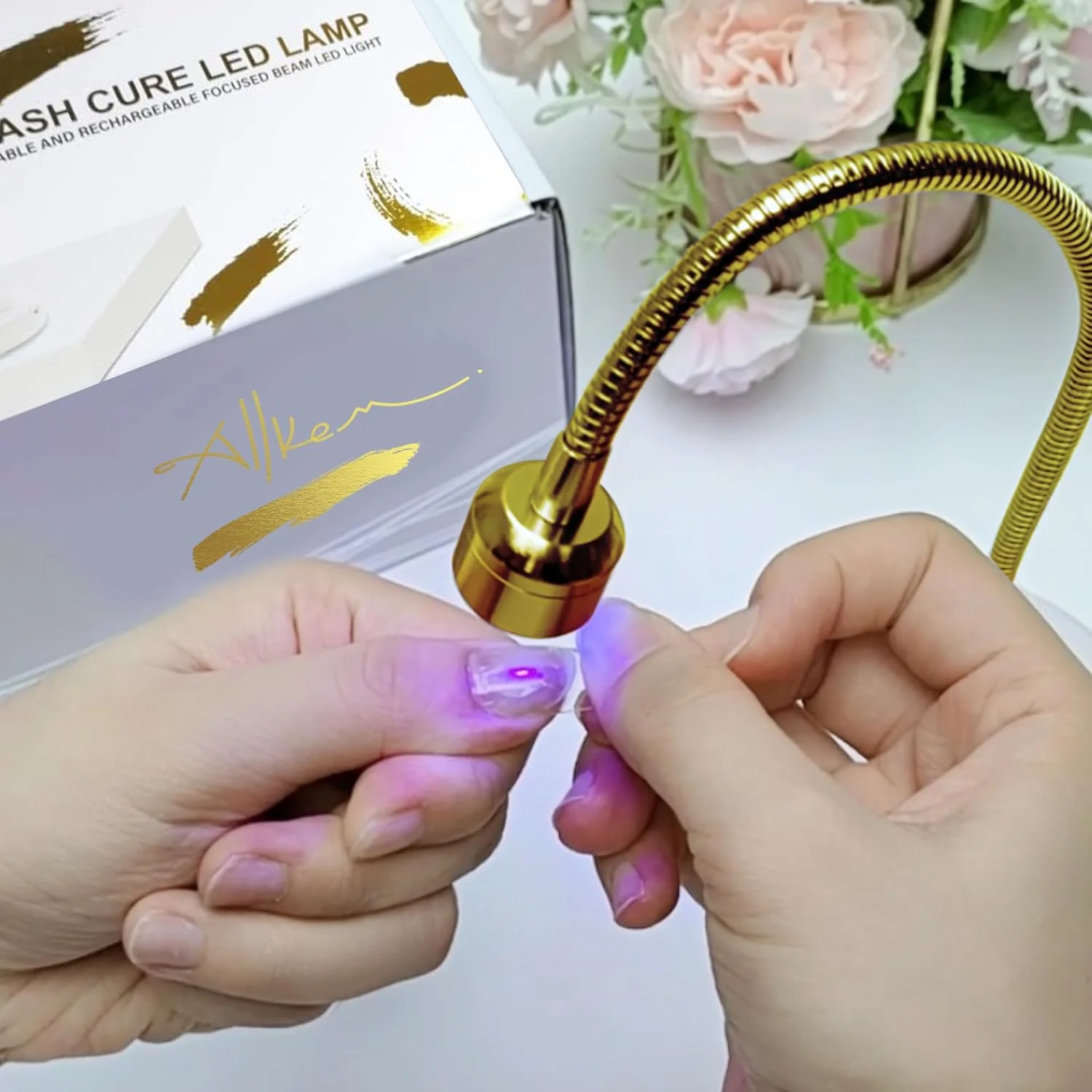 چراغ ال ای دی یو وی قابل حمل ALLKEM با گردن غازی طلایی برای لاک ژل ناخن، مناسب برای استفاده حرفه ای و خانگی چراغ ال ای دی یو وی قابل حمل ALLKEM با گردن غازی طلایی برای لاک ژل ناخن، مناسب برای استفاده حرفه ای و خانگی