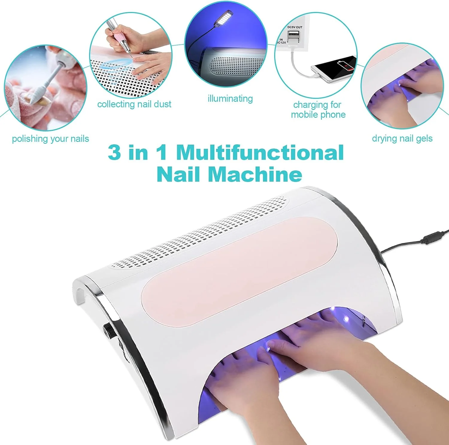 دستگاه چندکاره ناخن 4 در 1، دستگاه پولیش ناخن برقی 54 وات UV LED، لامپ خشک کن ناخن، جمع کننده گرد و غبار، کیت ابزار مانیکور برای سالن زیبایی حرفه ای و منزل