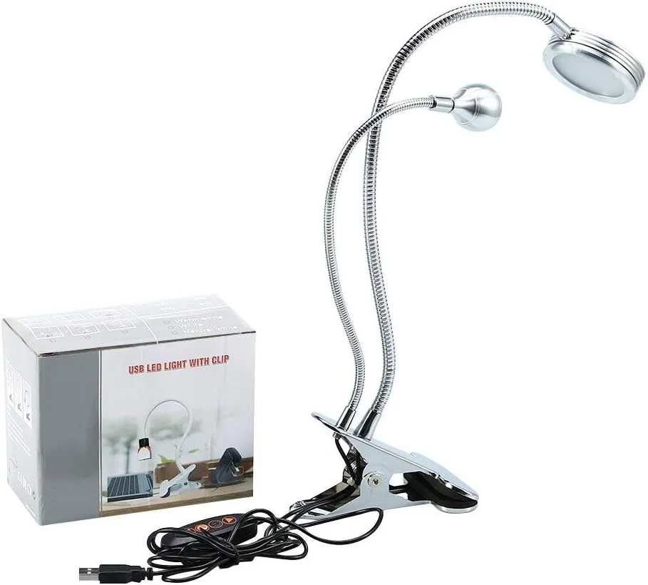 چراغ رومیزی ال ای دی 2 در 1 با گیره، چراغ های روشنایی برای میز ناخن، مانیکور، آرایش، استفاده در تخت، مطالعه، شلنگ فلزی انعطاف پذیر با رابط USB